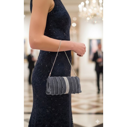 Evening Bag - Pleated Glittery w/ Trimmed Ruffles - Gray - BG-92233GY